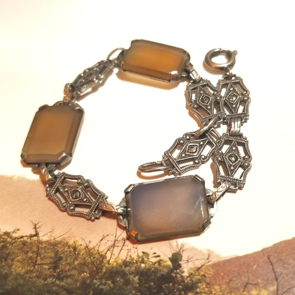 Antique Art Deco Sterling Taupe Camphor Glass Bracelet - Picture 6 of 7